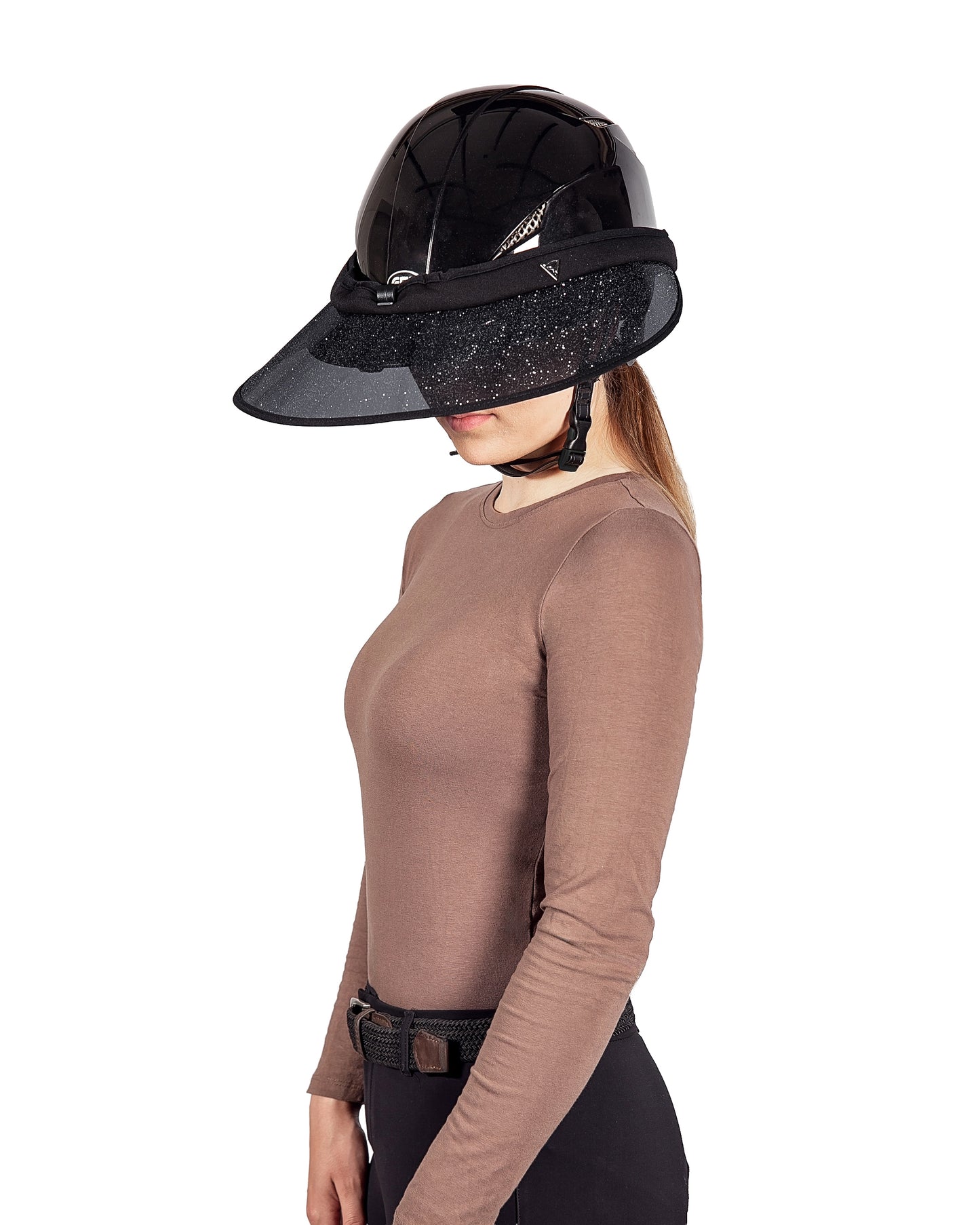 Black glitter sun visor for equestrian helmets model GLITTER